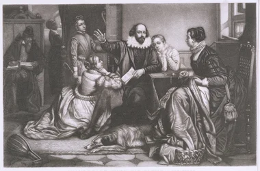 Shakespeare med sin familie, i Stratford, reciting the Tragedy Hamlet (stipple gravering og radering)