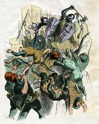 Illustration af Edouard Frere (1797-1874) og Theodore Lix (1830-1897) til "" Ivanhoe "" af Walter Scott (1771-1832), skotsk forfatter: Slagscene, belejring af slot.
