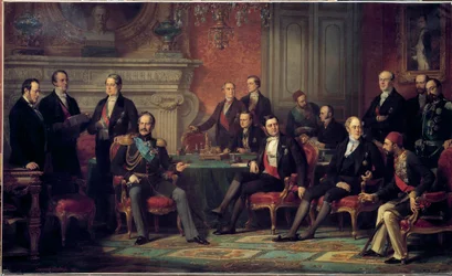 Pariskongressen mødtes fra 25. februar til 30. marts 1856 ved Krimkrigens afslutning under Napoleon III med de europæiske staters udenrigsministre. Maleri af Édouard Louis Dubufe (1820-1883). 1856. 3,08 x 5,10 m