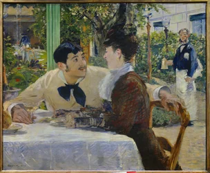 Fader Lathuilles. Udendørs Et par, der drikker et glas champagne på terrassen på en udendørs restaurant nær Place de Clichy i Paris (Montmartre). Maleri af Edouard Manet (1832-1883) 1879 Tournai. Museum for Skønne Kunster