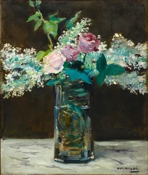 Fransk: Vase avec lilas blancs et rosés Vase med hvide syrener og roser