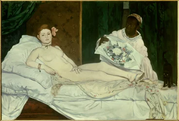 Olympia. Ung nøgen kvinde på en seng med sin sorte tjenestepige, der bringer hende en buket blomster. Maleri af Édouard Manet (1832-1883), 1863. H. 1,3 x 1,9 m, Paris, Musée d