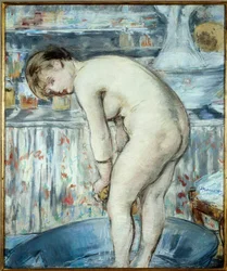 Karret eller Kvinde i karret. En kvinde med fødderne i en håndvask laver sit toilet. Pastelmaleri af Edouard Manet (1832-1883) Dim 0,54 x 0,45