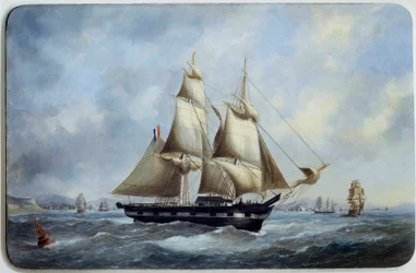 En bresiliansk mursten, der forlader havnen i Le Havre Aquarelle af Edouard Adam (1847-1929) Paris fra det 19. århundrede, Musee de la Marine