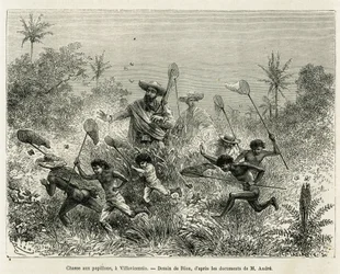 En flok børn jagede efter sommerfugle, ledsaget af forfatteren, en Villavicensio (Colombia), tegning af Riou, for at illustrere historien om Equinoxiale America (Colombia, Ecuador, Peru), i 1875-1876, af Ed. andre, rejsende med ansvar for mission af F