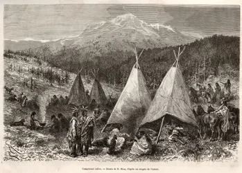 En indisk lejr på Utahs territorium ved bredden af Riviere Verte. Gravering efter tegningen af E.Riou, for at illustrere historien La conquete blanche, af William Hepworth Dixon, i 1875, udgivet i "" Le tour du monde""" 1876, redigeret af Edouard Charto