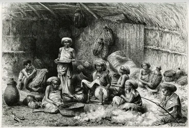 En eftermiddag hos Sheik of the Gobrons favorit, kvindeaktiviteter: broderi og spinding af uld, kurvefletning og keramik. Gravering af Riou, for at illustrere historien "" Voyage chez les Benadir, les somalis et les Bayoun"", i 1882-1883, af Georges Rev.