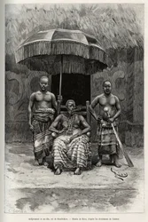 Ardjoumani (død 1892) og hans sønner, konge af Bondoukou (Elfenbenskysten). Gravering af Riou, for at illustrere historien "" Fra Niger til Guineabugten"" af kaptajn Louis Gustave Binger (1856-1936), i 1887-1889, i Le tour du monde, nouveau journal des voy