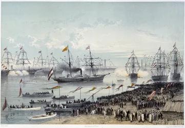 Ankomst af Hans Majestæt Kejseren af Østrig til Port Said i "" Indvielse af Suez-kanalen af G. Nicole. 1869