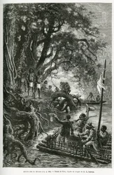 Ankomst af tømmerflåden af Dr. Crevaux og E. Lejeanne, på bredden, der grænser op til landsbyen Mitouas. Gravering af Riou, for at illustrere udforskningsrejsen gennem New Granada og Venezuela, af Doctor Crevaux, førsteklasses læge i flåden og E.Leje