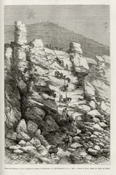 Aspekt af højderne med lodrette vægge på Dasoulami- og Bobodioulasou-plateauet (Guineabugten), beskrivelse af teknikkerne til at kroge ekspeditionskonvojens bjerge. Gravering af Riou, for at illustrere historien "" Fra Niger til Gui-bugten