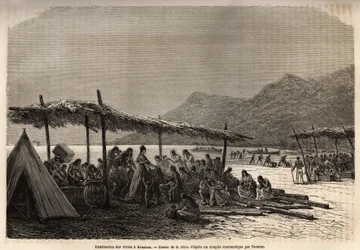 Uddeling af mad i Keauhou, efter jordskælvet og vulkanudbruddet i 1868, til ofrene for katastrofen, gravering efter tegningen af E.Riou, der illustrerer rejsen til Sandwichøerne, i 1855-1869, af C. de Varigny, udgivet i "" Le