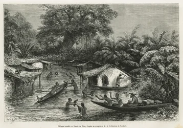 Inondes-landsbyer, tegnet af Riou, for at illustrere historien om en tur til Gabon og Ogoue-floden i 1875-1877, af Alfred Marche. Indgravering i Le tour du monde