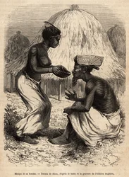 Matipa, en indfødt mand, der leverede kanoer til Livingstones hold, blev serveret drikkende af sin kone, graveret efter en tegning af Riou, der illustrerer David Livingstones sidste dagbog (1813-1873), i 1866-1873, udgivet i "" Le tour du monde ”” 1875, re