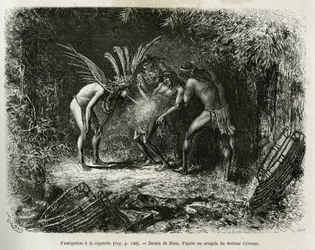 Medicinsk røgning med cigaretter i Roucouyan-indianerne. Gravering af Riou, for at illustrere historien om Cayenne aux Andes, af Jules Crevaux, læge for den franske flåde, i 1878-1879, udgivet i Tour du monde under ledelse af Edouard Charton