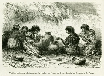 Gamle indiske kvinder, der laver shisha. Gravering af Riou, for at illustrere historien Journey in the Pilcomayo Delta og fra Buenos Aires til Sucre