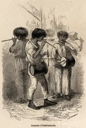 Spillere af musikinstrumenter i Sarayacu (Peru), tegning af Riou, for at illustrere Paul Marcoys rejse fra Stillehavet til Atlanterhavet fra 1848 til 1860. Gravering i “” Le Tour du Monde ””, redigeret af Edouard Charton