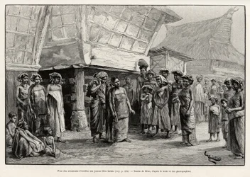 Spiller ørepynt til Batak-piger, etnisk gruppe i det nordlige Sumatra. Gravering af Riou for at illustrere historien "et år i Malaysia" af Jules Claine (1856-1939)