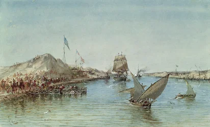 Forsendelse på Suez-kanalen fra et souveniralbum til minde om kejserinde Eugenies rejse (1826-1920) ved indvielsen i 1869 (wc på papir)