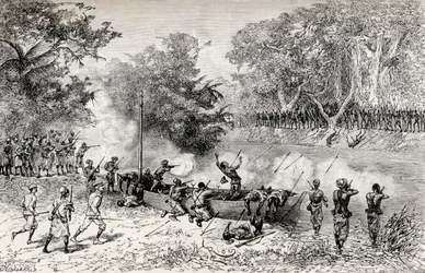 Sir Henry Morton Stanleys Emin Pasha Relief Expedition bliver angrebet af Avisibba kannibaler ved hjælp af forgiftede pile, 1890 (trægravering)