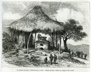 The Sugar Baking Oven, i Panche (Colombia), tegning af Riou, for at illustrere historien om Equinoxiale America (Colombia, Ecuador, Peru), i 1875-1876, af Ed. andre, rejsemissionsafgift fra den franske regering. Indgravering i Le tour du monde