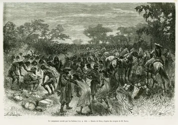Lejren invaderet af indianerne. Gravering af Riou, for at illustrere historien Voyage dans le Chaco Boreal