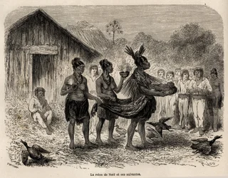 Fejringen af julefesten i Sarayacu (Peru), bærer juledronningen Jesusbarnet i en kurv, og ledsaget af to, der følger, præsenterer hun barnet for alle landsbyens huse, tegnet af Riou, for at illustrere Paul Marcoys jour