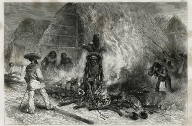 Ligbrændingen af en Roucouyenne (eller wayana), stamme, der bor langs floderne Mana og Maroni, vendt mod Bucher, Dr. Crevaux, gravering af Riou, for at illustrere udforskningsrejsen i det indre af Guyana af Dr. Jules Crevaux, læge i den franske flåde,