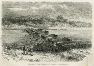 Fiskeindustrien ved floden Eboga, som fanger fiskene, fører gennem strømfaldene gennem sine bambusler, tegnet af Riou, for at illustrere historien om en tur til Gabon og floden Ogoue, i 1875-1877, af Alfred Marche. Indgravering i Le tour du monde