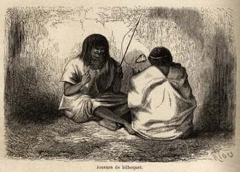 Bilboquet-spillet med et skildpaddehoved blandt Conibos-indianerne i Peru, tegnet af Riou for at illustrere P. Marcoys rejse fra 1848 til 1860, fra Stillehavet til Atlanterhavet. Indgravering i "" Le tour du monde"", redigeret af Edoua