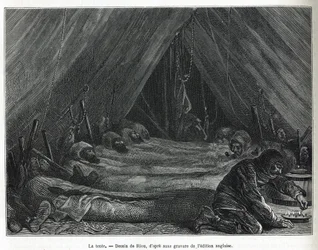 Det indre af teltet på isflagen, tegnet af Riou, for at illustrere historien om en rejse til polarhavet i 1875-1876 af kaptajn G.SNares (1831-1915). Indgravering i Le tour du monde