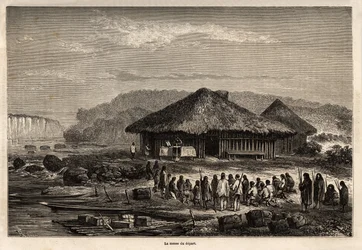Afrejsemessen i Echarati (Peru), med deltagelse af de omvendte indfødte, tegning af Riou, der illustrerer Paul Marcoys rejse fra Stillehavet til Atlanterhavet fra 1848 til 1860. Indgravering i "" Le tour du monde"", redigeret af Edouard Chart