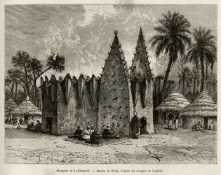 Moskeen i Lokhognile (Guineabugten). Gravering af Riou, for at illustrere historien "" Fra Niger til Guineabugten"" af kaptajn Louis Gustave Binger (1856-1936), i 1887-1889, i Le tour du monde, nouveau journal des voyages, under ledelse af