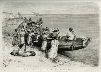 Starten på gummiforskere, i nærheden af Tabatinga (øvre Amazonas-region). Gravering af Riou, for at illustrere historien om Cayenne aux Andes, af Jules Crevaux, læge for den franske flåde, i 1878-1879, udgivet i Tour du monde, under ledelse