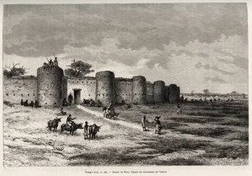 Byen Tiong-Gi (Tiong Gi, Mali), med sine fæstningsværker og lertårne. Gravering af Riou, for at illustrere historien "" Fra Niger til Guineabugten"" af kaptajn Louis Gustave Binger (1856-1936), i 1887-1889, i Le tour du monde, nouveau journal