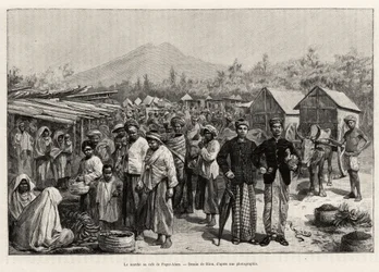 Gåturen på Pager Alam Cafe (Malaysia). Gravering af Riou for at illustrere historien "et år i Malaysia" af Jules Claine (1856-1939)
