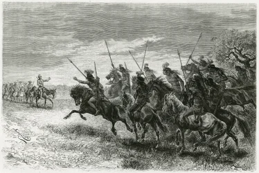Tobas-indianere (fra Chaco-regionen, mellem Paraguay og Bolivia) nægter at passere til kolonnen på Thouar-ekspeditionen. Gravering af Riou, for at illustrere historien "" På jagt efter resterne af Crevaux-missionen", i 1884, af A.Thouar (1853- disapp)