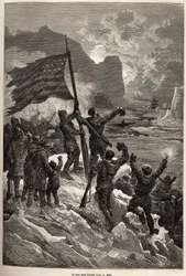 Tysons besætning, efter flere dages drift på et isbjerg, så endelig en hvalfanger og viftede med det amerikanske flag for at blive set og reddet, indgraveret efter en tegning af E.Riou, der illustrerer historien om Polaris, isflåden, af løjtnant Tyson, i 1