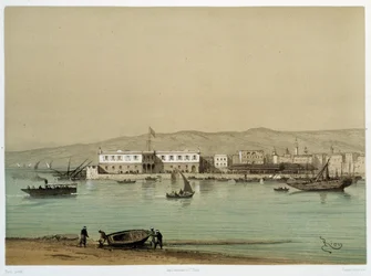 Udsigt over kanalen i "" Indvielse af Canal de suez af G. Nicole. 1869