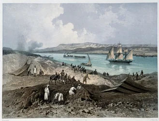 Udsigt over kanalen i "" Indvielse af Suez-kanalen af G. Nicole. 1869