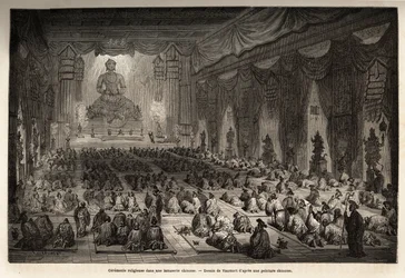 Religiøs ceremoni i et kinesisk lamasserie, tegnet af Vaumort (? -1886), for at illustrere rejsen fra Shanghai til Moskva, fra 1859 til 1862, af M. de Bourboulon, fransk minister i Kina. Indgravering i "" Le tour du monde"", redigeret af Edouard Charton
