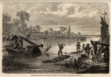 De forskellige metoder til at fiske floderne i provinsen Pet Tche Li (ildfiskeri, tridentfiskeri, fiskefiskeri, skakfiskeri og kystfiskeri) beskrives. Tegning af Vaumort (? -1886), for at illustrere rejsen fra Shanghai til Moskva, fra 185