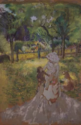 Mor og barn i morgenhaven i frugthaven, 1909-1911.