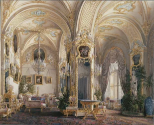 Interiører i Vinterpaladset. Salonen i rokokostil med amoriner, 1860