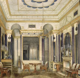 Kejserinde Maria Alexandrovnas tegnestue i Det Store Palais i Tsarskoye Selo (wc, gouache og blæk på papir)