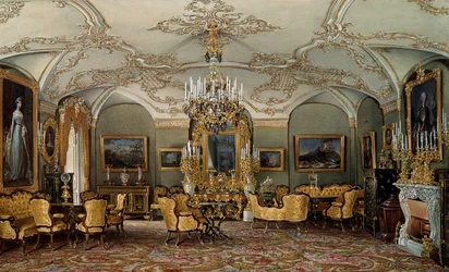 Udsigt over Salonen af Alexandra Fyodorovna (Fedorovna eller Feodorovna eller Charlotte af Preussen (1798-1860)), kone til zar Nicholas I på Gatchina Palace. Akvarel tilskrevet Eduard (Edouard) Hau (1807-1870) Sankt Petersborg fra det 19. århundrede, Eremi