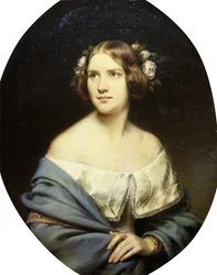 Portræt af Jenny Lind, stående halvlængde i en hvid kjole og et lyseblåt sjal,