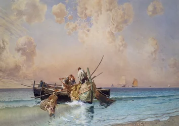 Tilbage fra fiskeri, af Eduardo Dalbono (1841-1915), olie på lærred, 53x73 cm