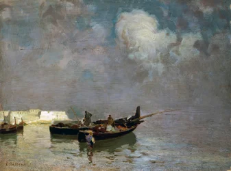 Marina med fiskere, af Eduardo Dalbono (1841-1915), olie på lærred, 34x45 cm