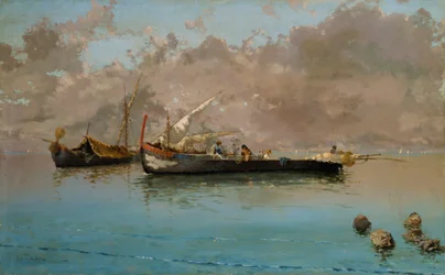 Marina med fiskerbåde, af Eduardo Dalbono (1841-1915), olie på lærred, 64,5x104,5 cm
